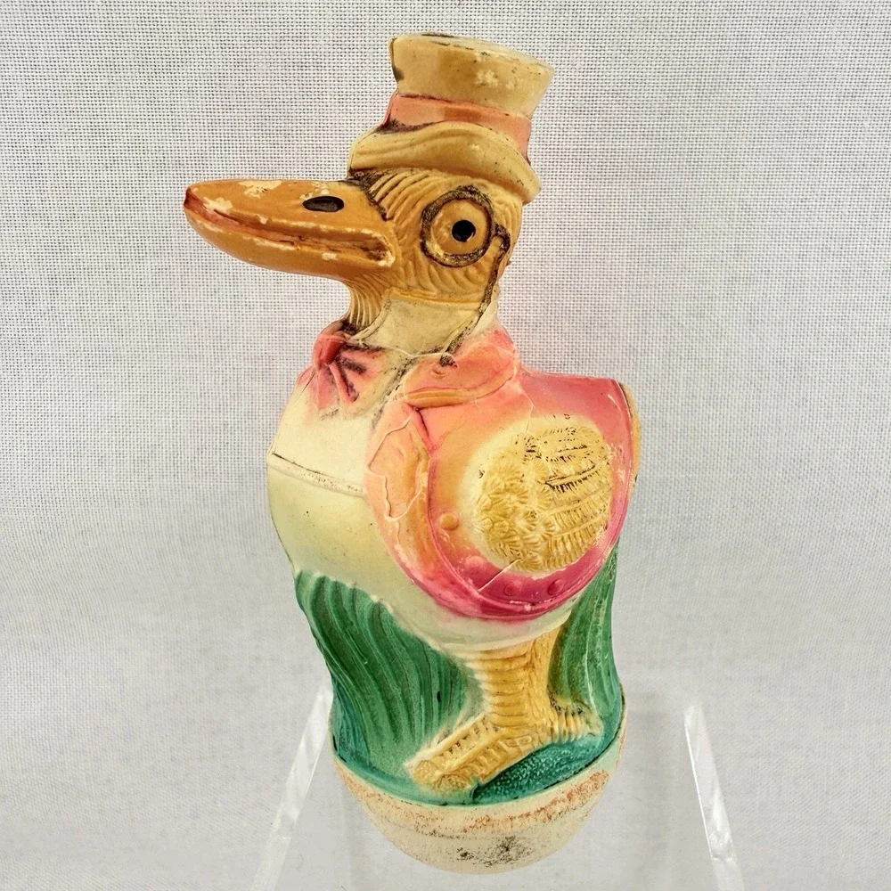 Antique Viscoloid Co Celluloid Duck Dapper Monocle Top Hat Vintage Roly-Poly Toy